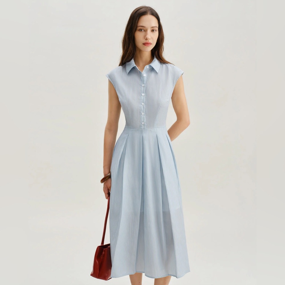 Rihoas Blue Striped Cap Sleeve Midi Dress
